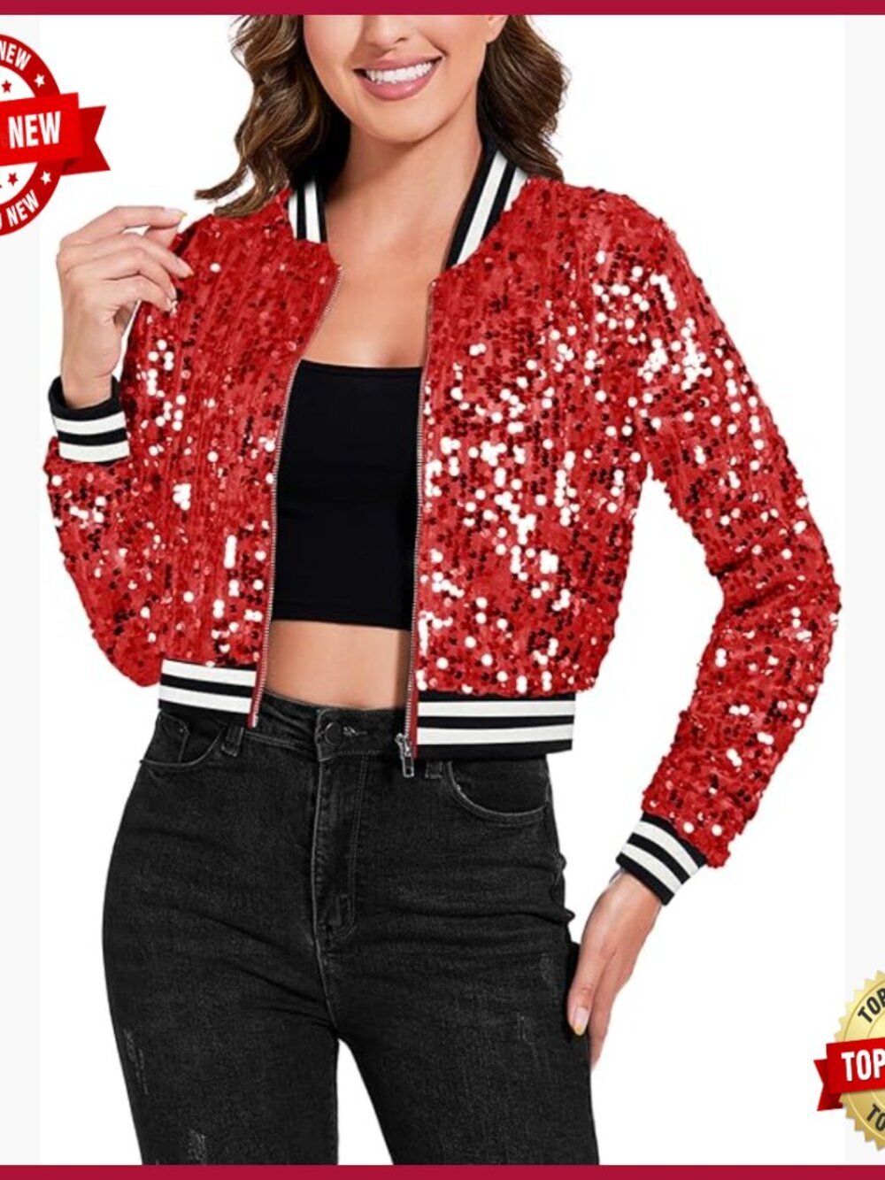 Sparkly Sequin Cropped Bomber Jacket Long Sleeve Zipper Party Club